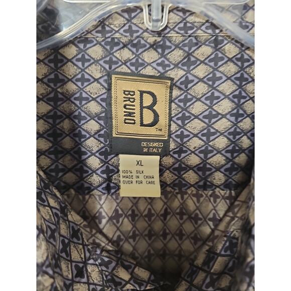 Bruno B Short Sleeve 100% Silk Dress Shirt Mens Size XL Blue Tan Pattern Office - Picture 3 of 5